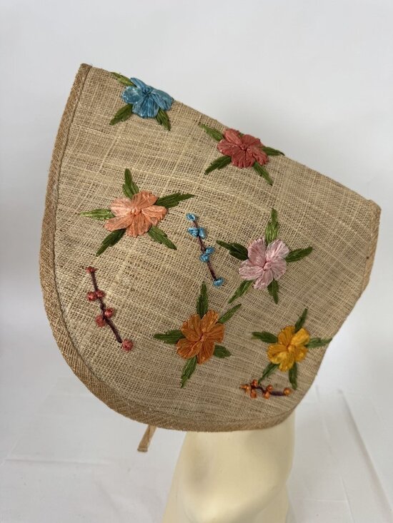 Handmade In The Philippines Accessories - Handmade Raffia Straw Hat With Embroidered Floral Design & Chin Tie Vintage Phil